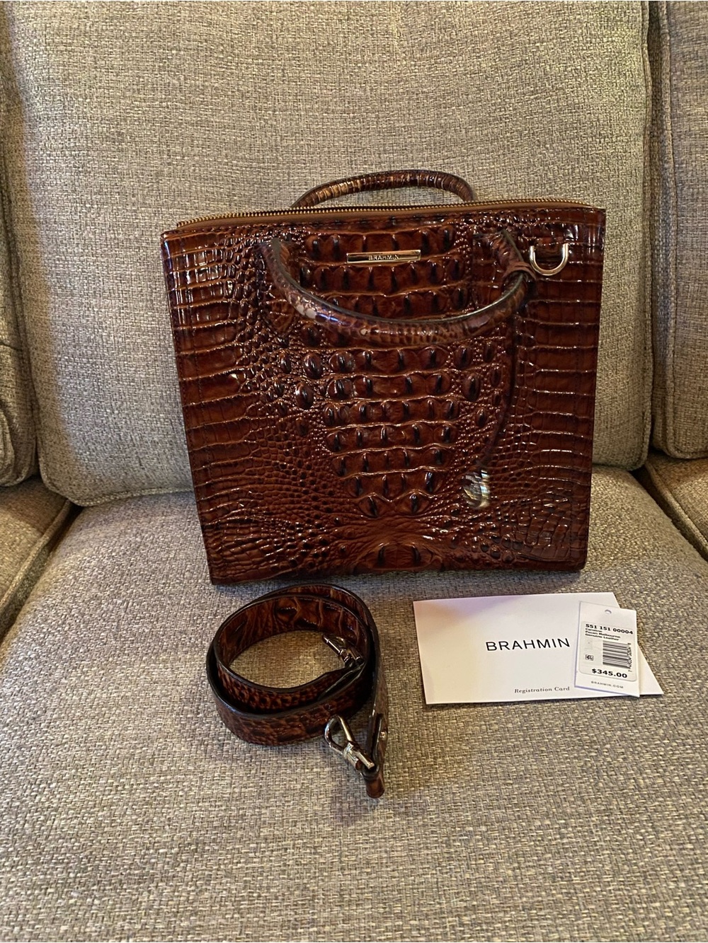Brahmin Dark Brown Croc-Embossed Leather Caroline Satchel